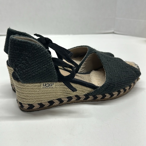Ugg Wedges Heels Open Toe Sandals Shoes Tie Ankle Strap Espadrilles Black Size 9 - Picture 4 of 10
